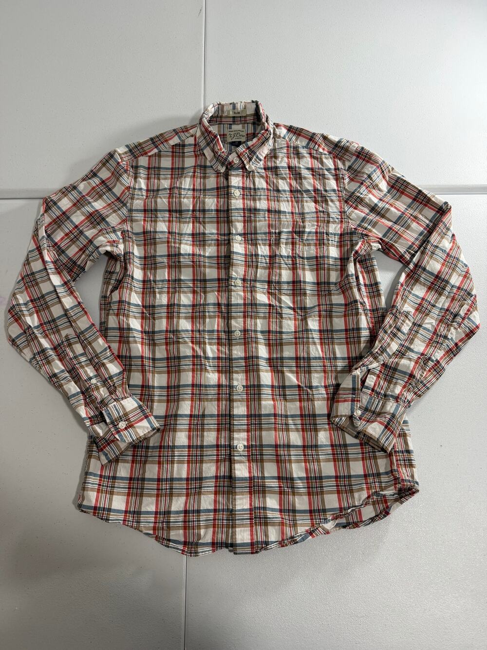 J.Crew Secret Wash Shirt Mens Medium Slim Plaid Tan Red Blue Stretch Cotton